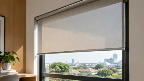 Tirai gulung menutup sebagian jendela yang menghadap luar