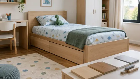 Tempat tidur anak dengan alas kayu dan sampel bahan di meja