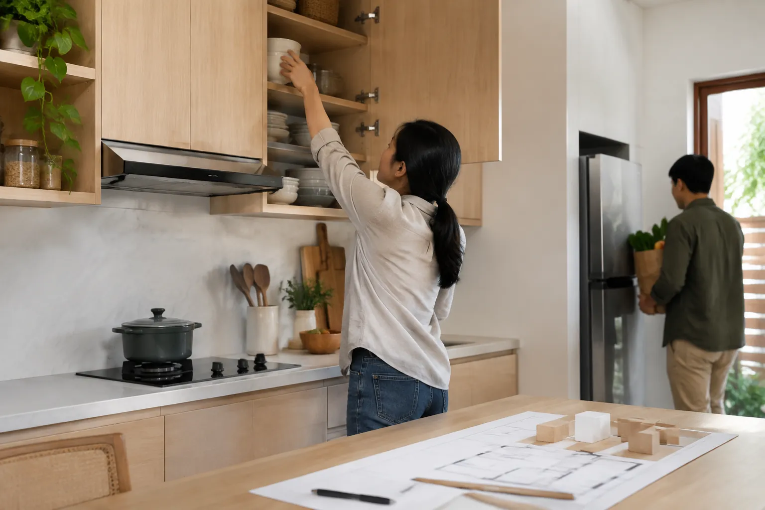 Seseorang memeriksa kabinet atas dapur saat pekerjaan penataan