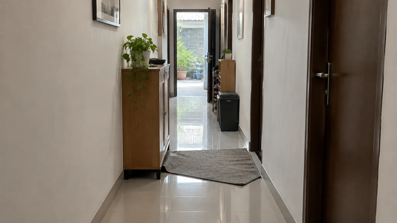 Lorong rumah sempit dengan beberapa pintu dan permukaan lantai licin mengilap
