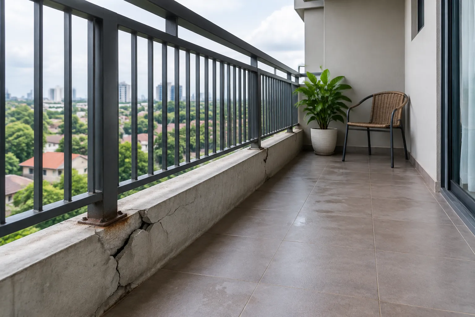 Retakan terlihat pada dinding rendah penopang pagar balkon