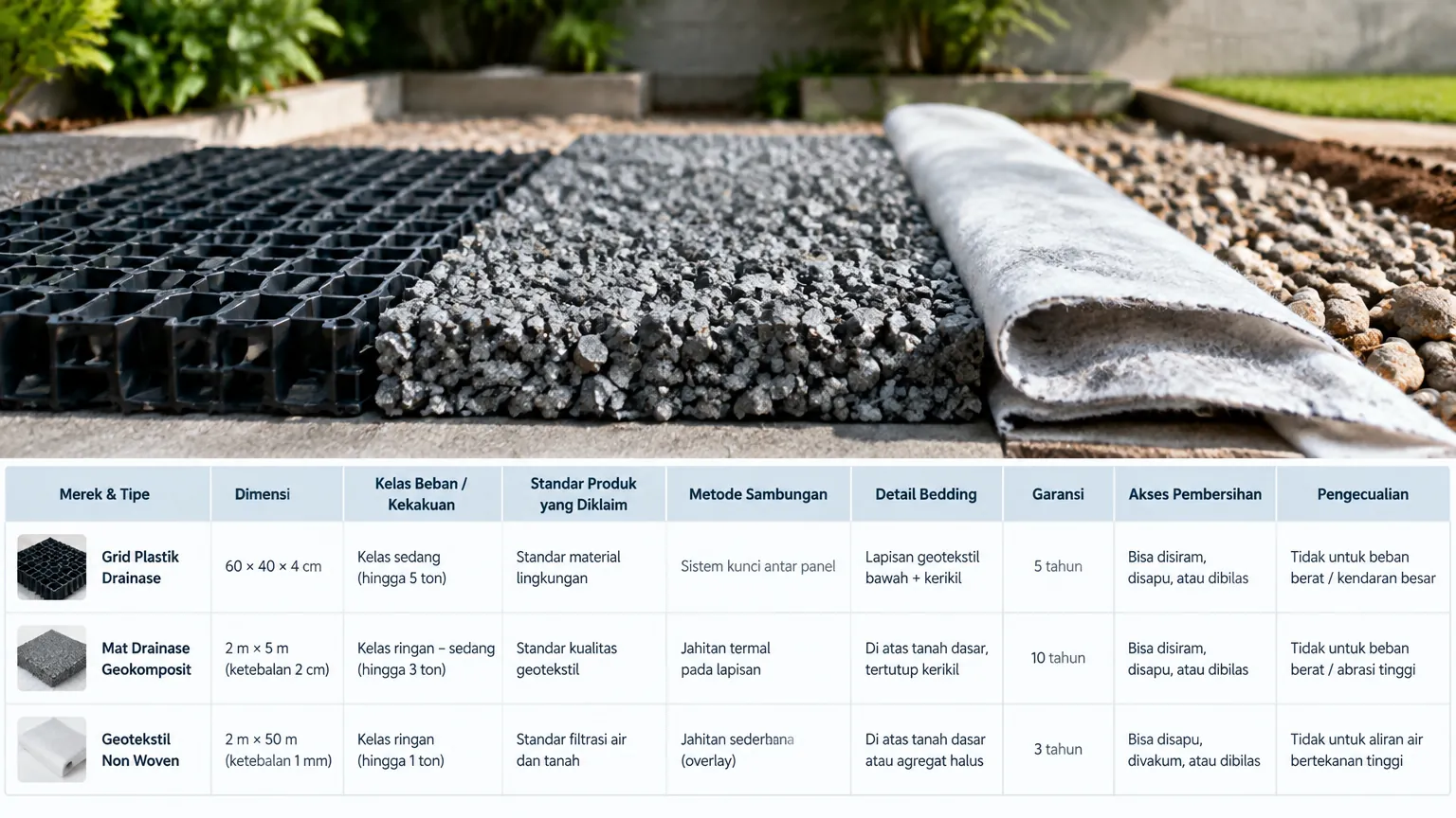 Material saluran drainase dengan tabel perbandingan
