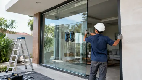 Pekerja memasang panel kaca besar pada bukaan rumah dengan alat pengangkat