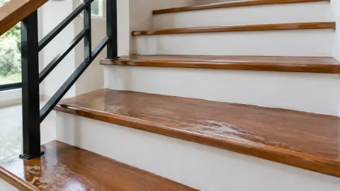 Lapisan finishing kayu pada anak tangga tampak terkelupas