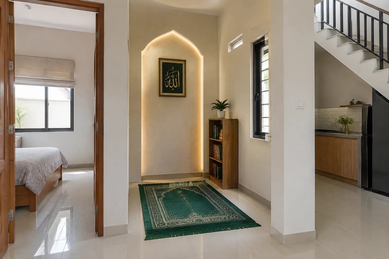 Sudut salat kecil berada di antara pintu kamar dan area tangga