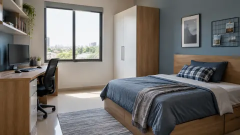 Kamar remaja dengan tempat tidur, meja, dan jendela