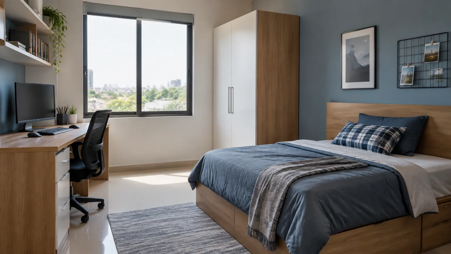 Kamar remaja dengan tempat tidur, meja, dan jendela