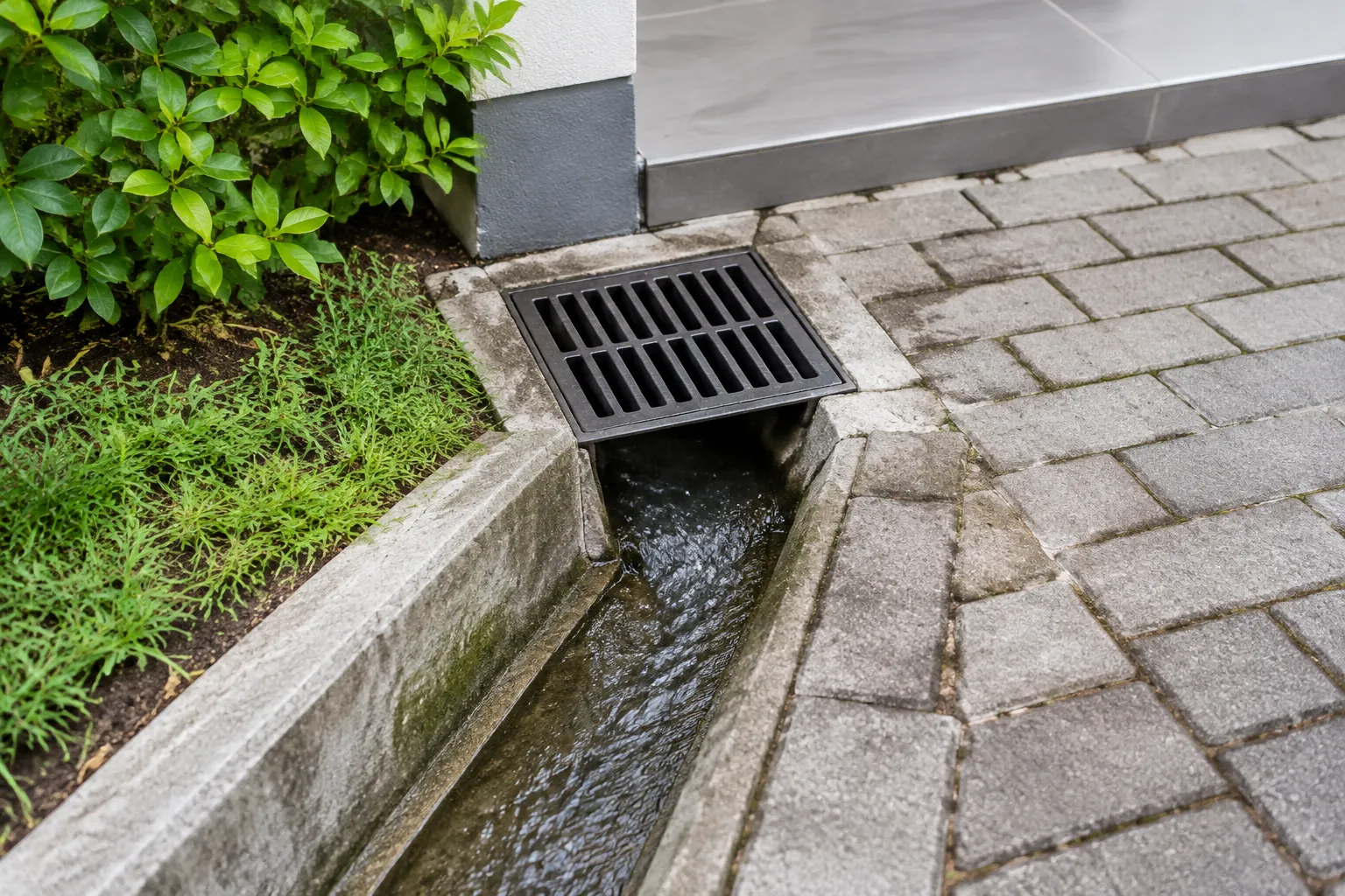 Kisi dan saluran drainase dekat pintu masuk rumah