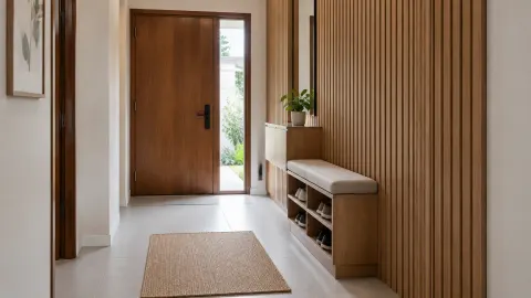 Foyer dengan panel kayu berjalur tegak di samping pintu