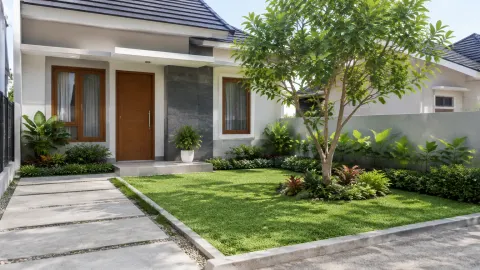 Halaman depan rumah dengan pohon, rumput, dan jalur pijakan