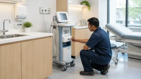 Teknisi memeriksa peralatan pada ruang layanan klinik