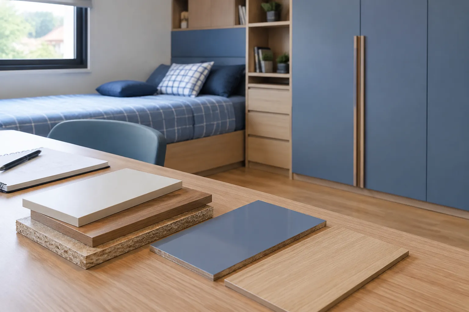 Contoh papan finishing furnitur di depan kamar remaja