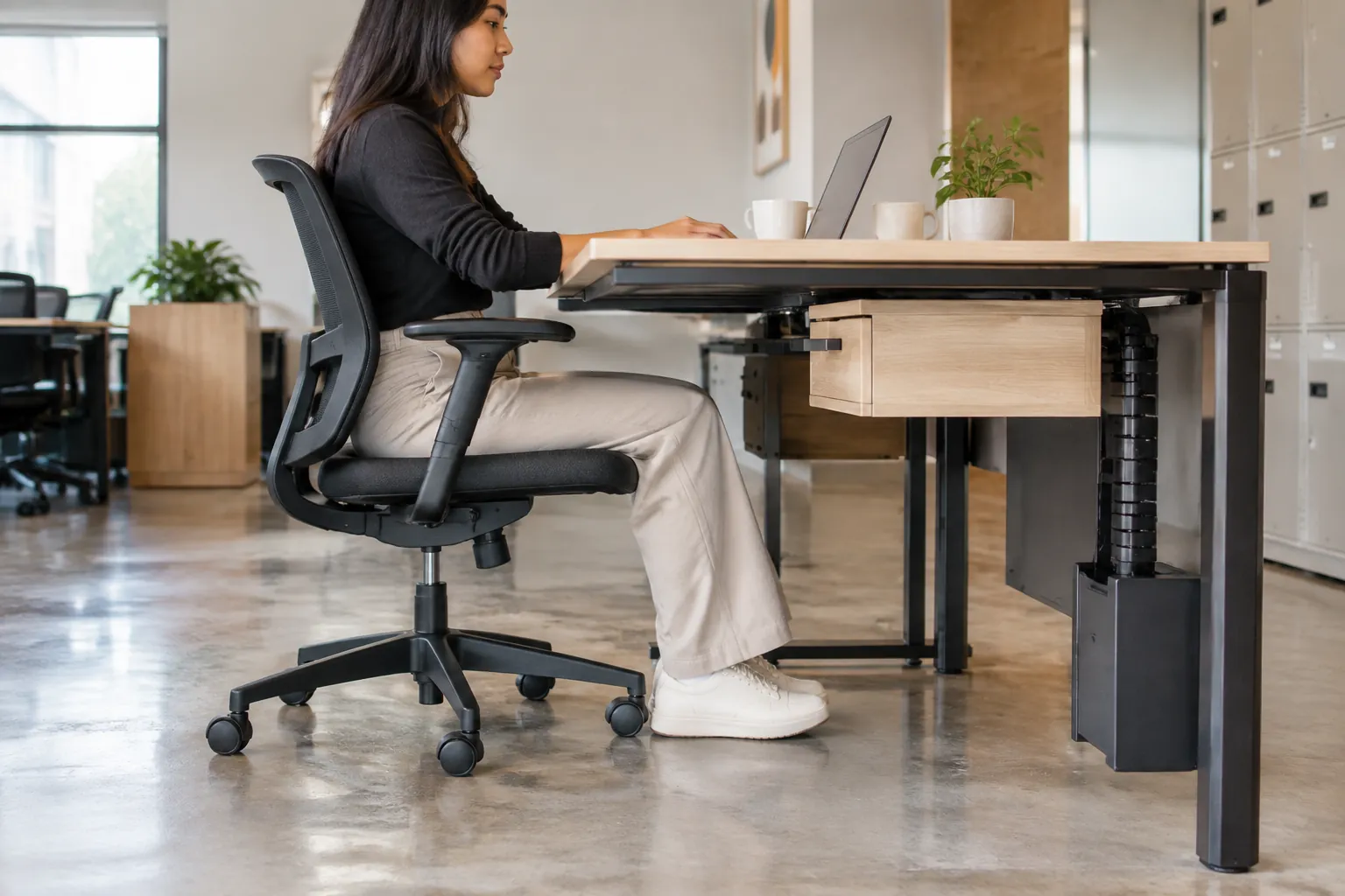 Pekerja duduk di meja kantor dengan ruang kaki dan kursi terlihat