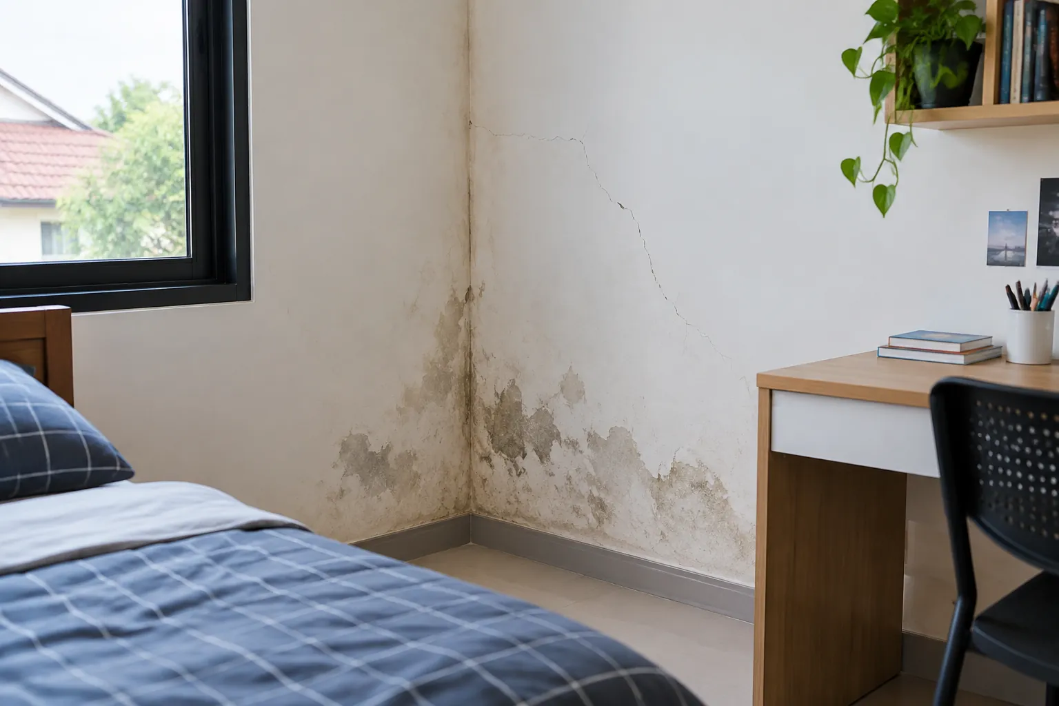 Noda lembap di dinding kamar dekat jendela dan meja belajar