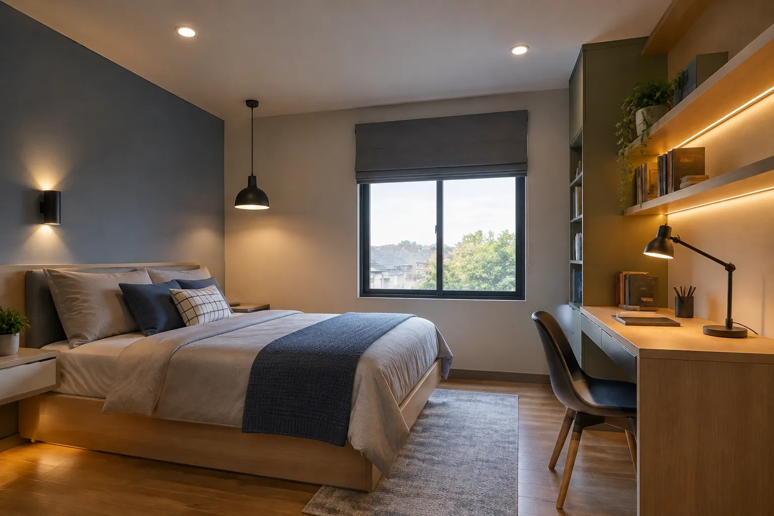 Kamar remaja dengan lampu gantung dan meja belajar