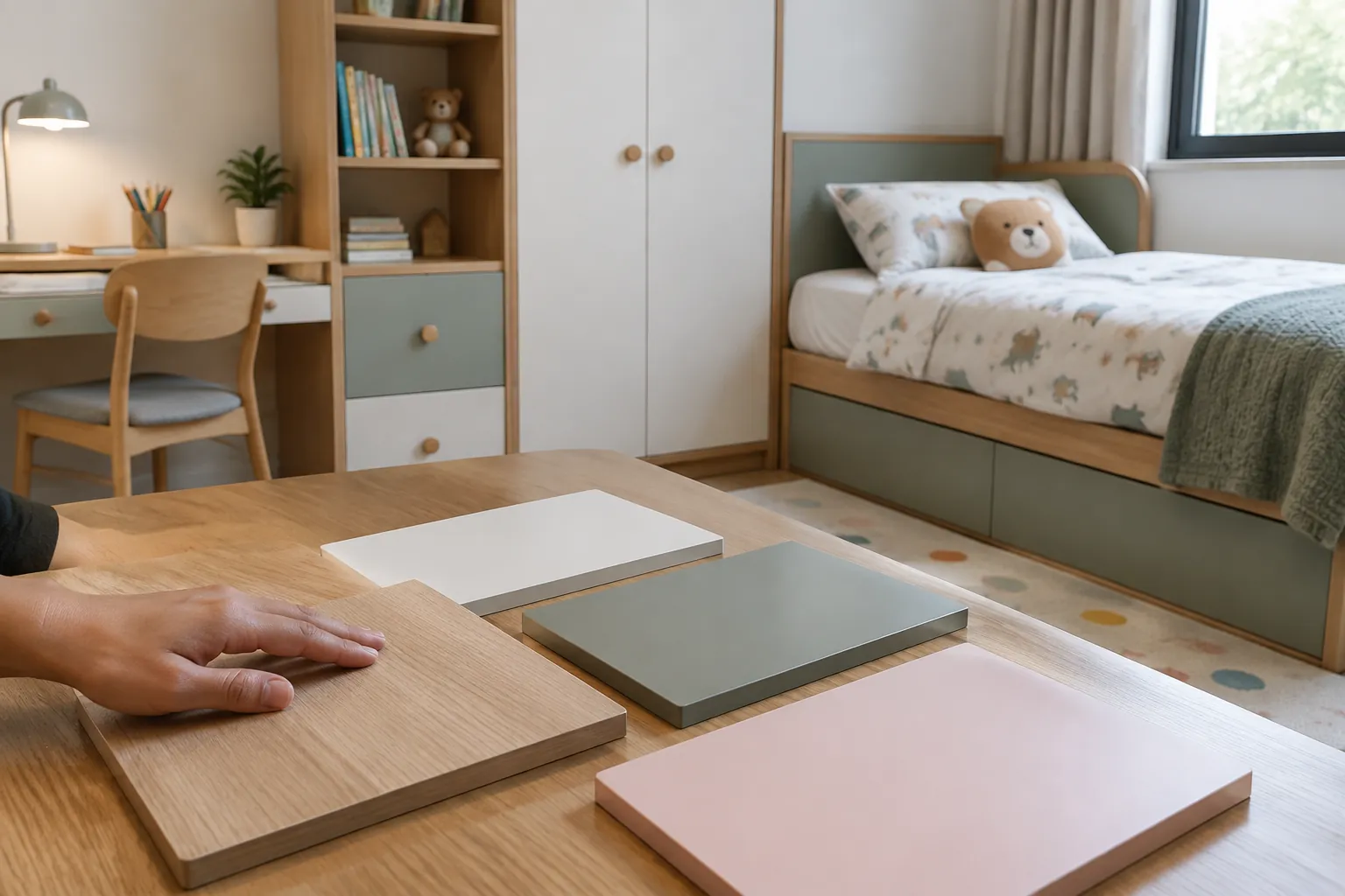 Beberapa contoh permukaan furnitur dibandingkan di kamar anak