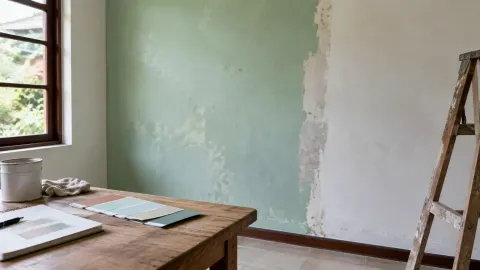 Dinding lama dengan cat terkelupas dan bidang perbaikan