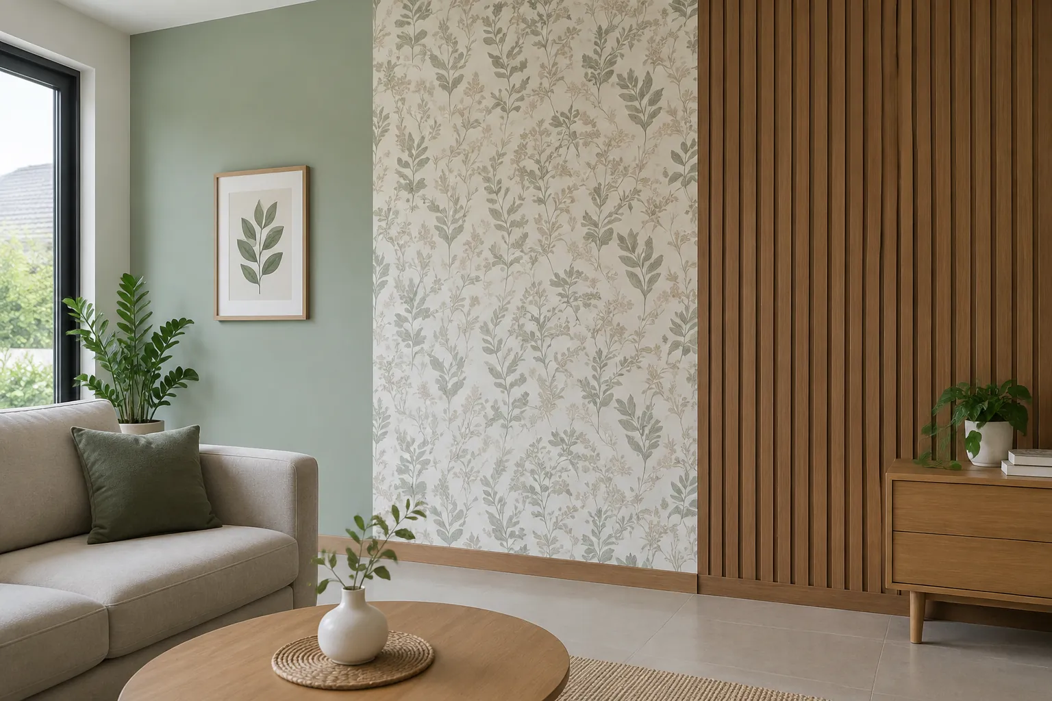 Ruang duduk dengan wallpaper dan panel bilah kayu