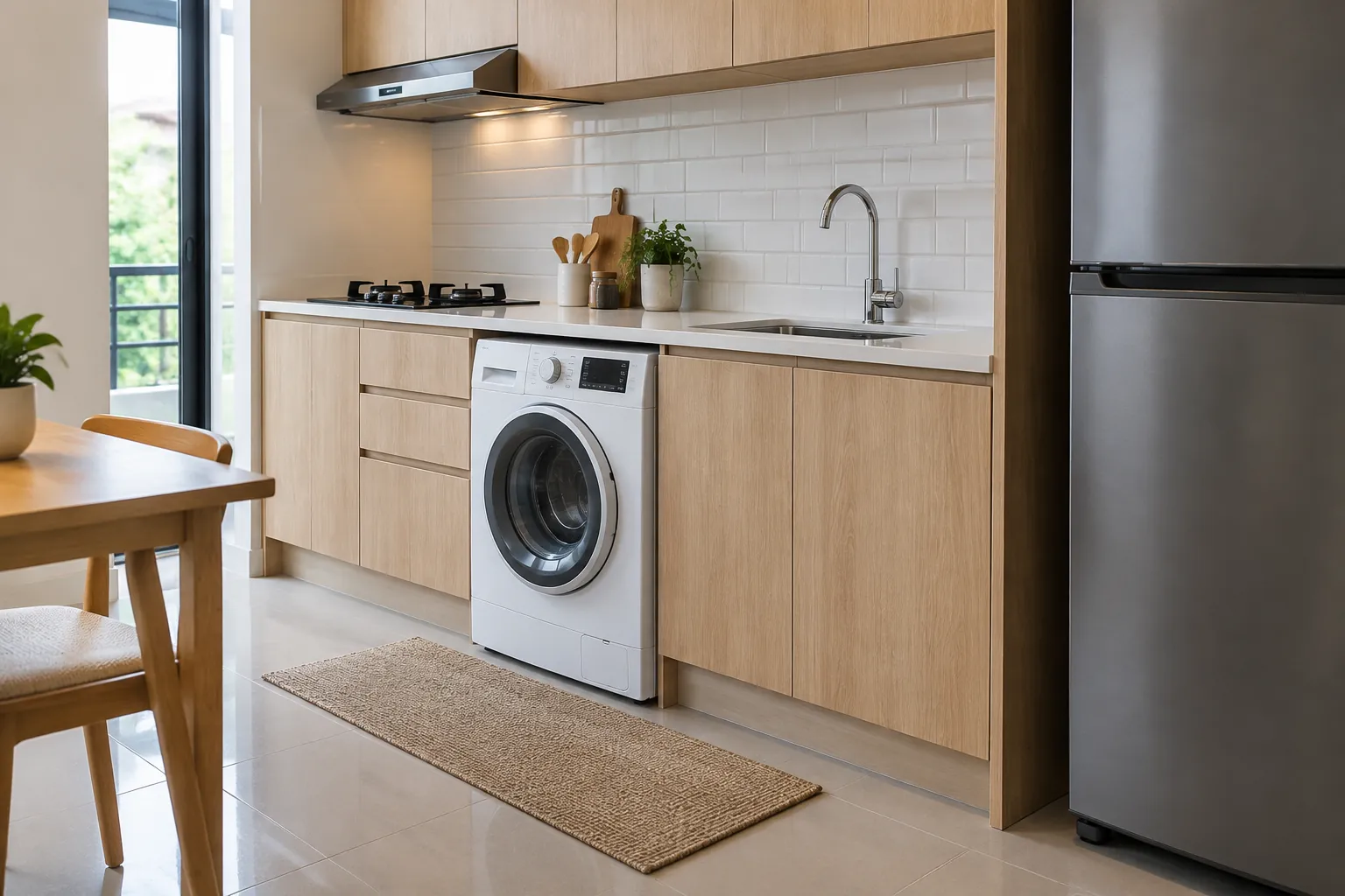 Mesin cuci di bawah meja dapur kecil