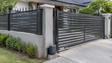 Pagar logam dan gerbang di depan rumah