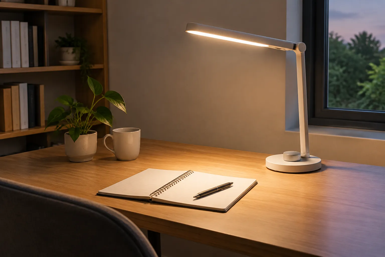 Lampu meja di atas buku dan meja kerja