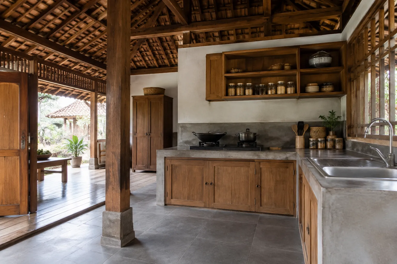 Dapur dengan rangka kayu tradisional dan kabinet di bawahnya