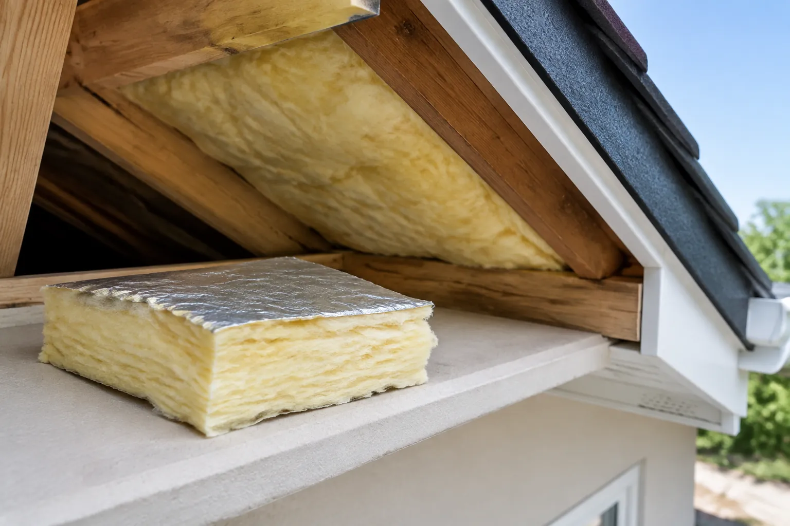 Insulasi fiberglas terlihat di bawah atap rumah