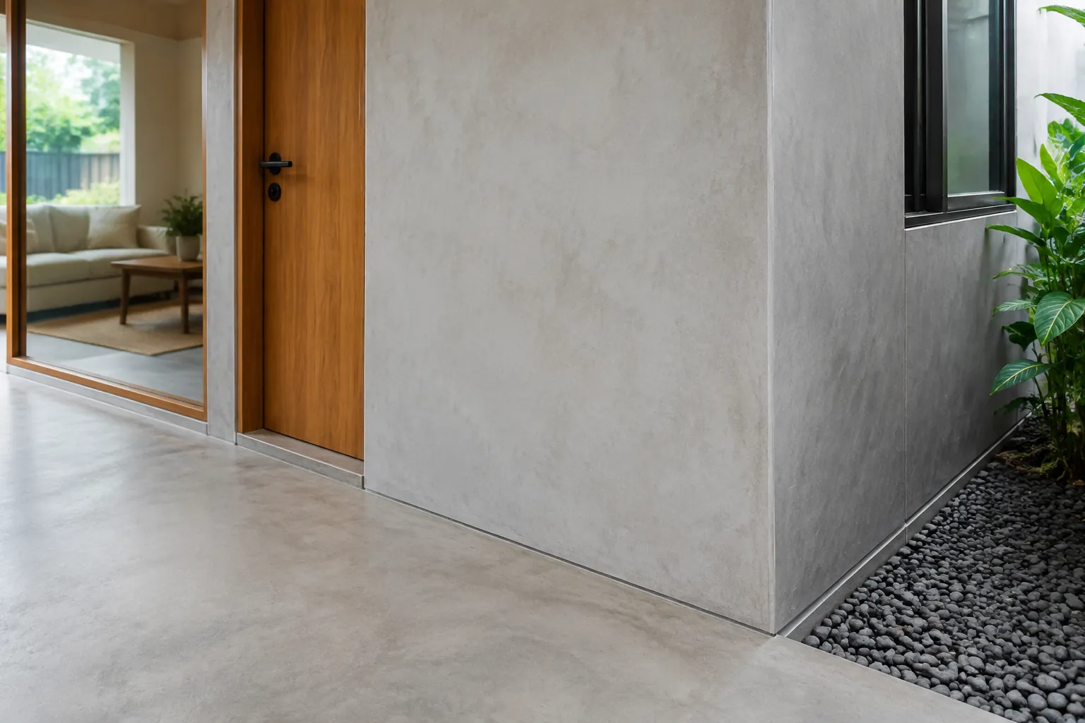Permukaan pelapis bertekstur beton membingkai pintu rumah