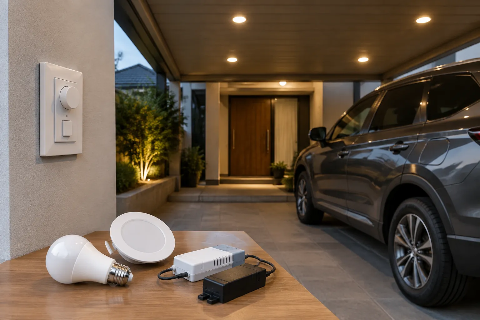 Komponen lampu dan pengendali berada di dekat carport rumah