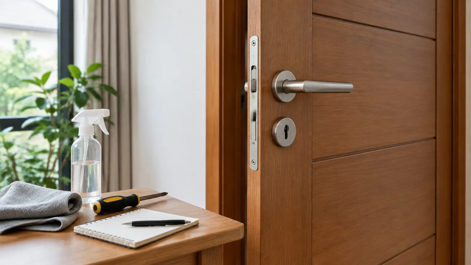 Pintu kayu baru terpasang dengan kunci dan gagang logam
