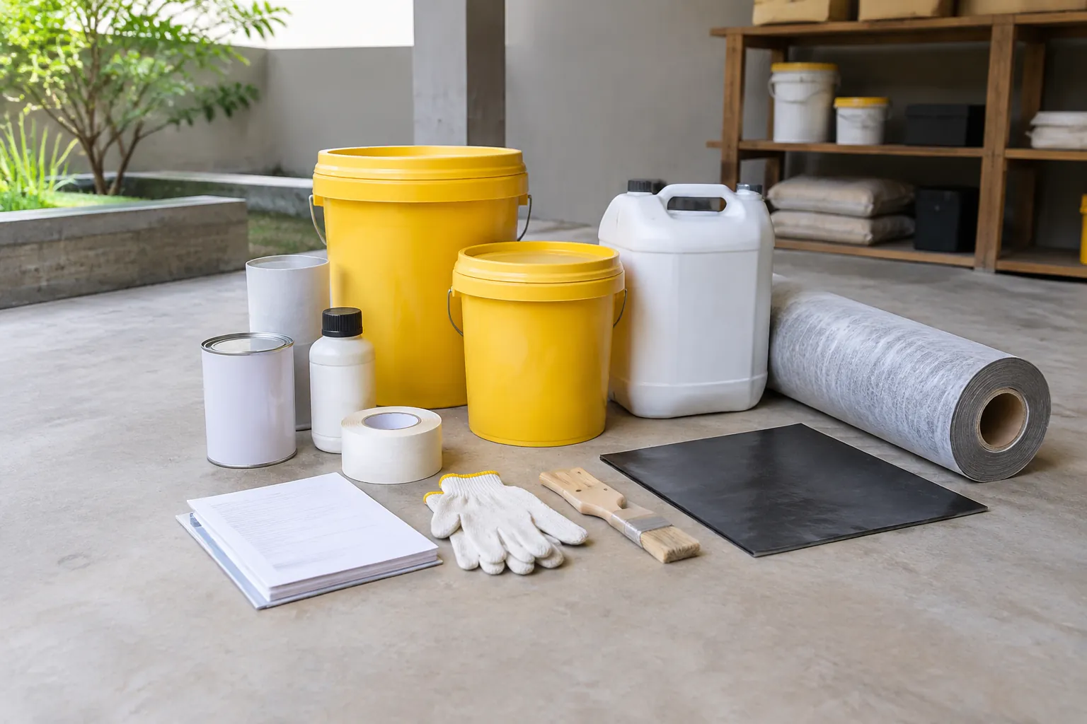 Ember bahan, membran gulung, alat, dan perlengkapan waterproofing disiapkan