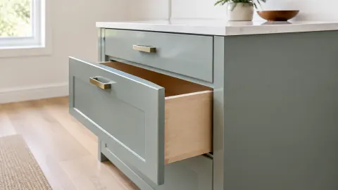Laci furnitur bercat warna hijau muda yang terbuka