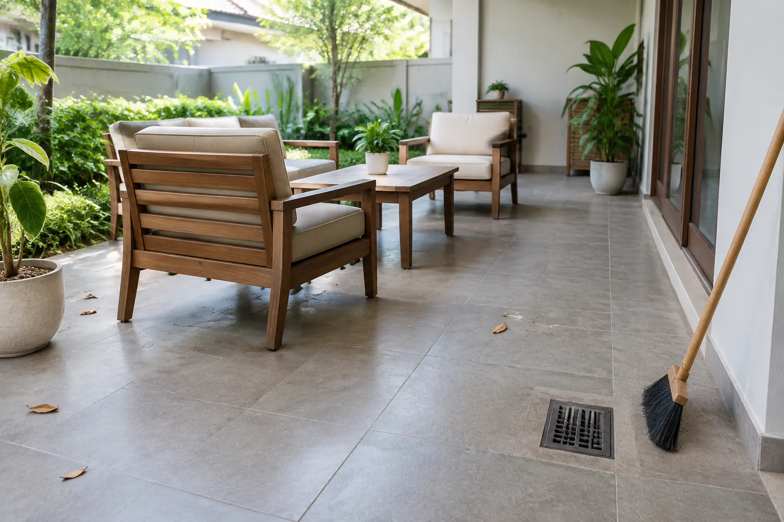 Jalur kosong menuju grating dan furnitur teras memudahkan pembersihan