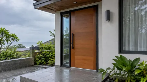 Pintu kayu luar rumah dengan atap pelindung dan halaman basah