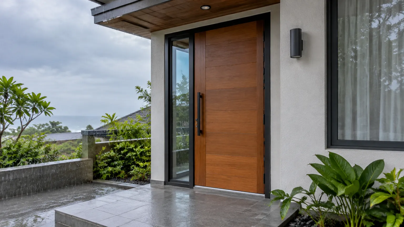 Pintu kayu luar rumah dengan atap pelindung dan halaman basah