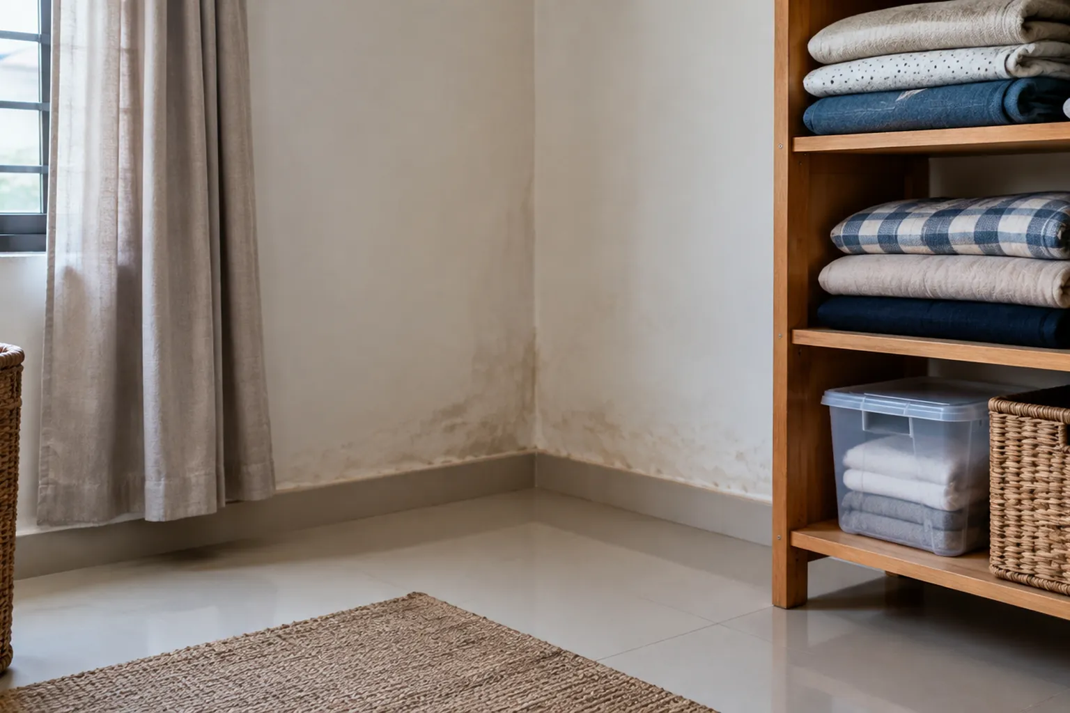 Sudut kamar dengan noda pada bagian bawah dinding