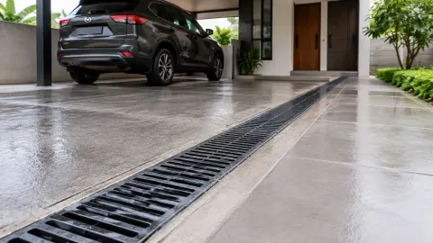 Saluran drainase linear pada lantai carport