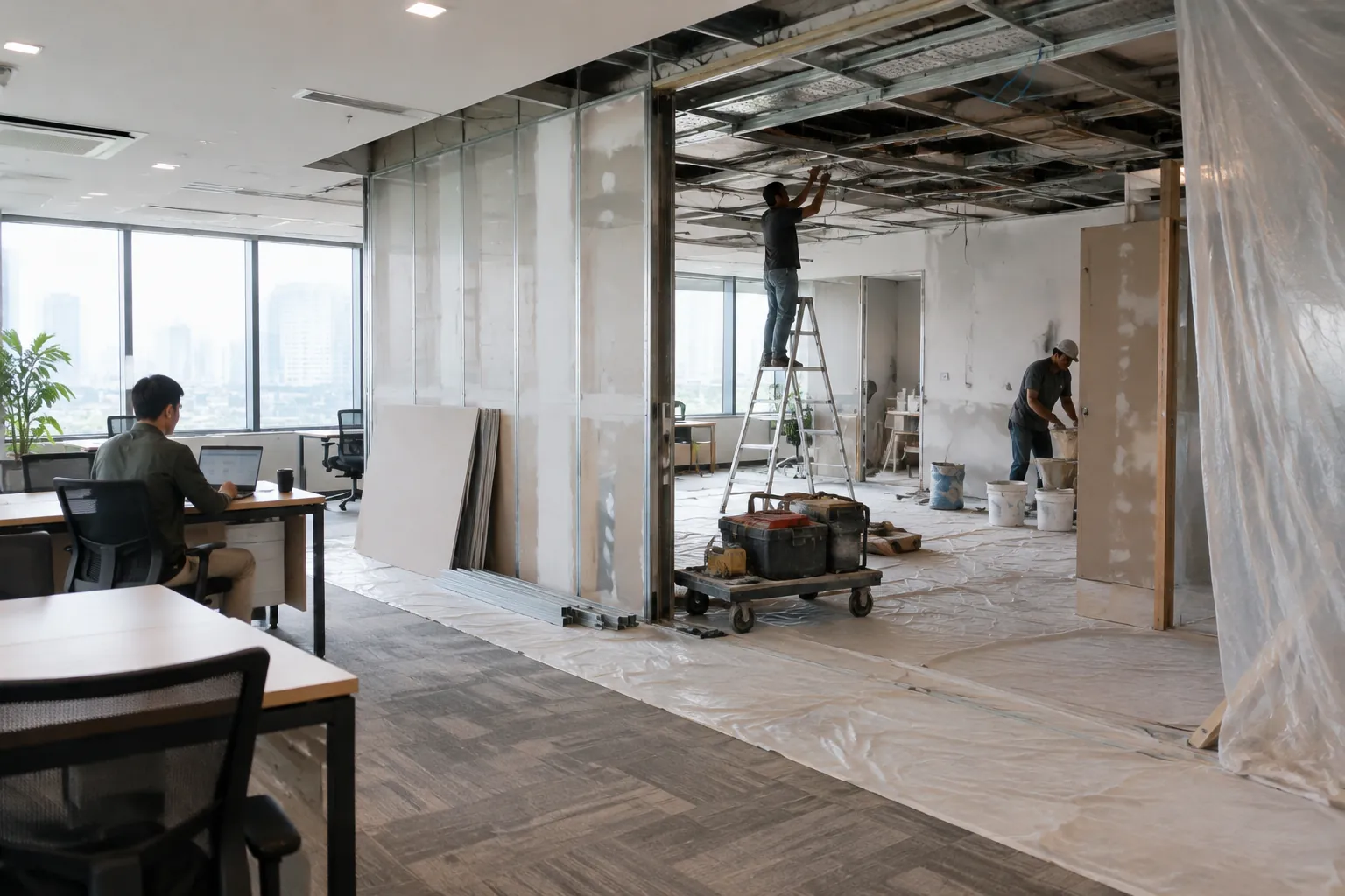 Renovasi area kantor berlangsung di dekat ruang kerja yang digunakan