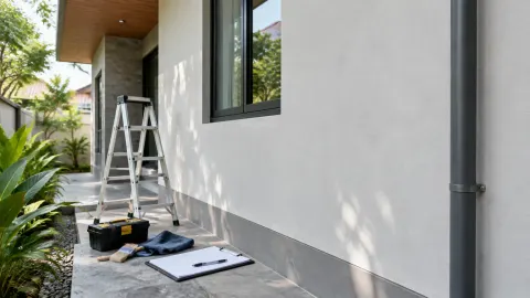 Dinding luar rumah berwarna abu-abu dengan tangga kerja dan alat di dekatnya