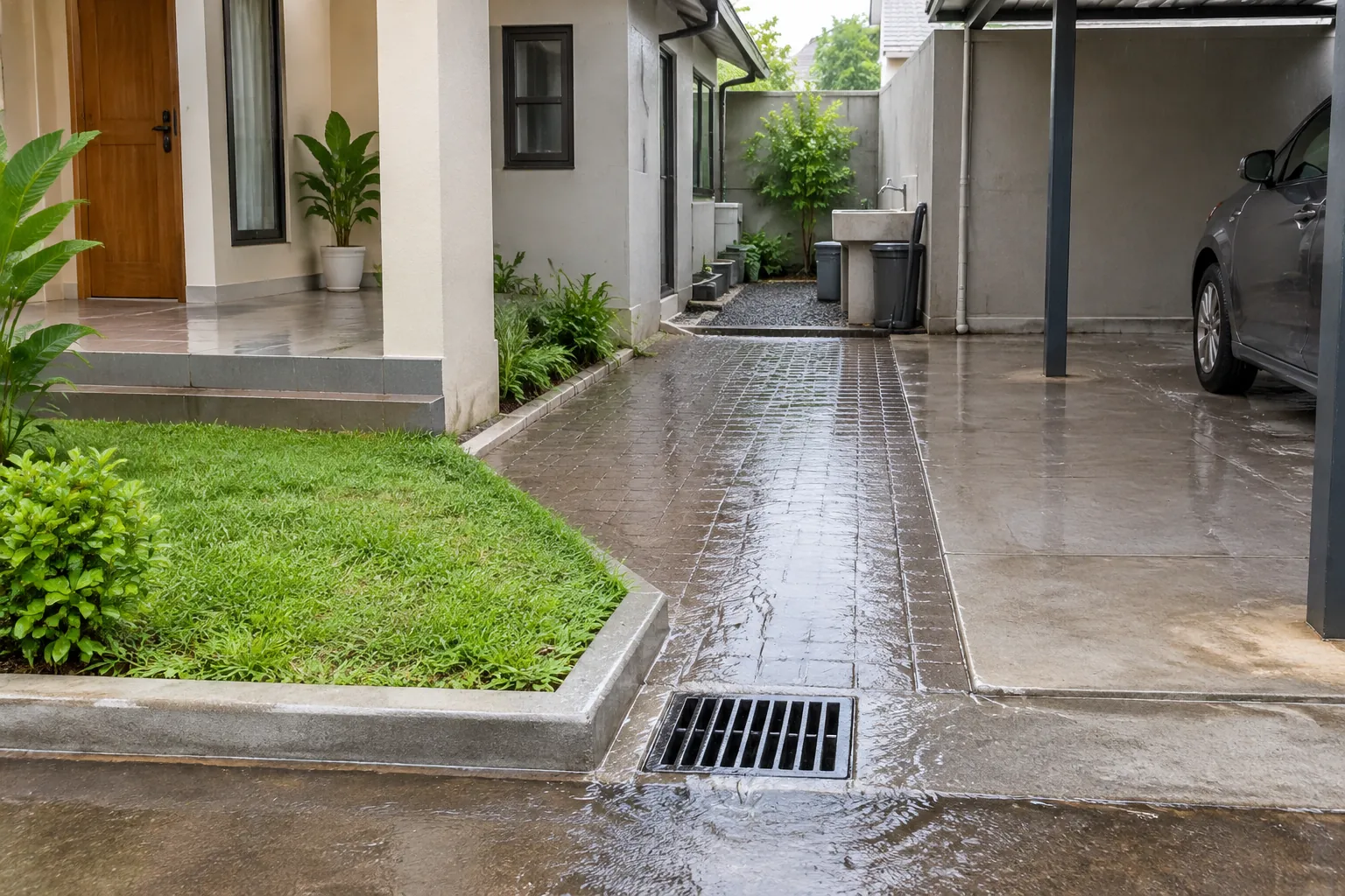 Inlet di pertemuan halaman, teras, dan carport