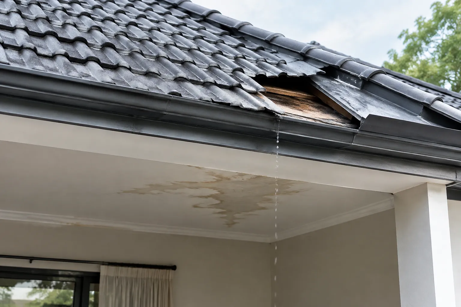 Air menetes dari tepi genteng dan noda tampak pada plafon di bawahnya