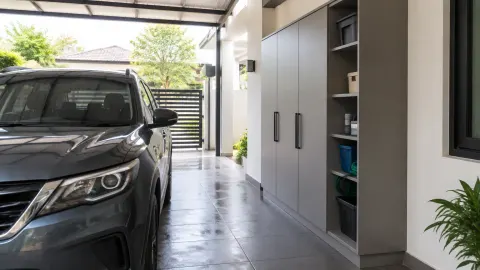 Carport dengan mobil dan kabinet penyimpanan
