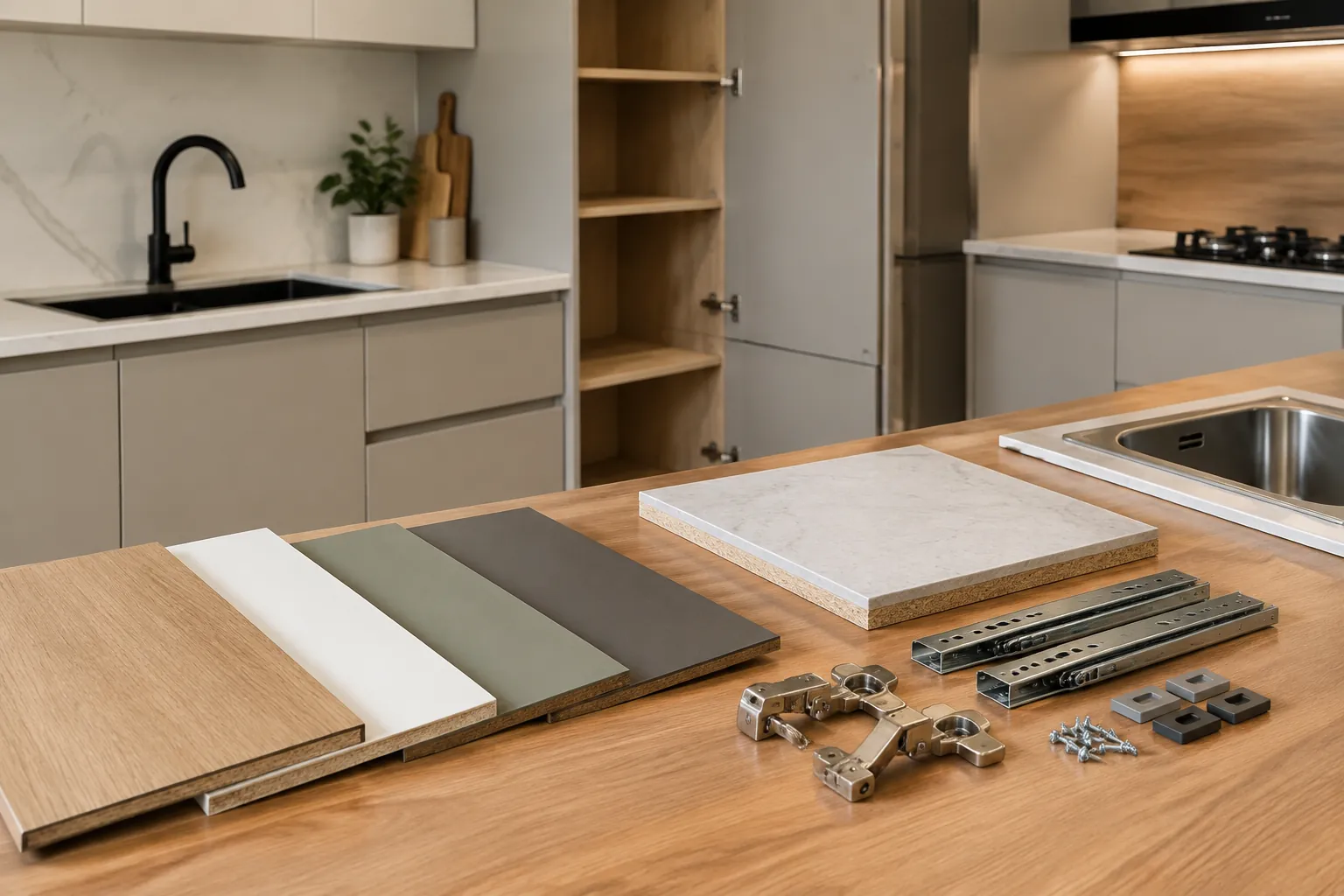 Panel dan perangkat keras kitchen set disusun di atas meja