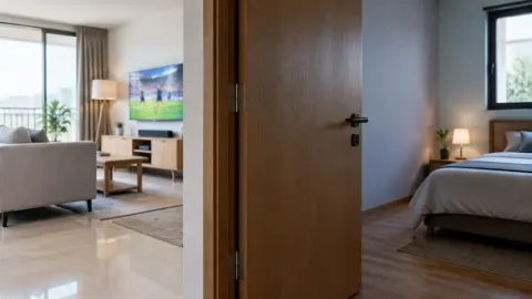 Pintu kayu memisahkan ruang keluarga dan kamar tidur