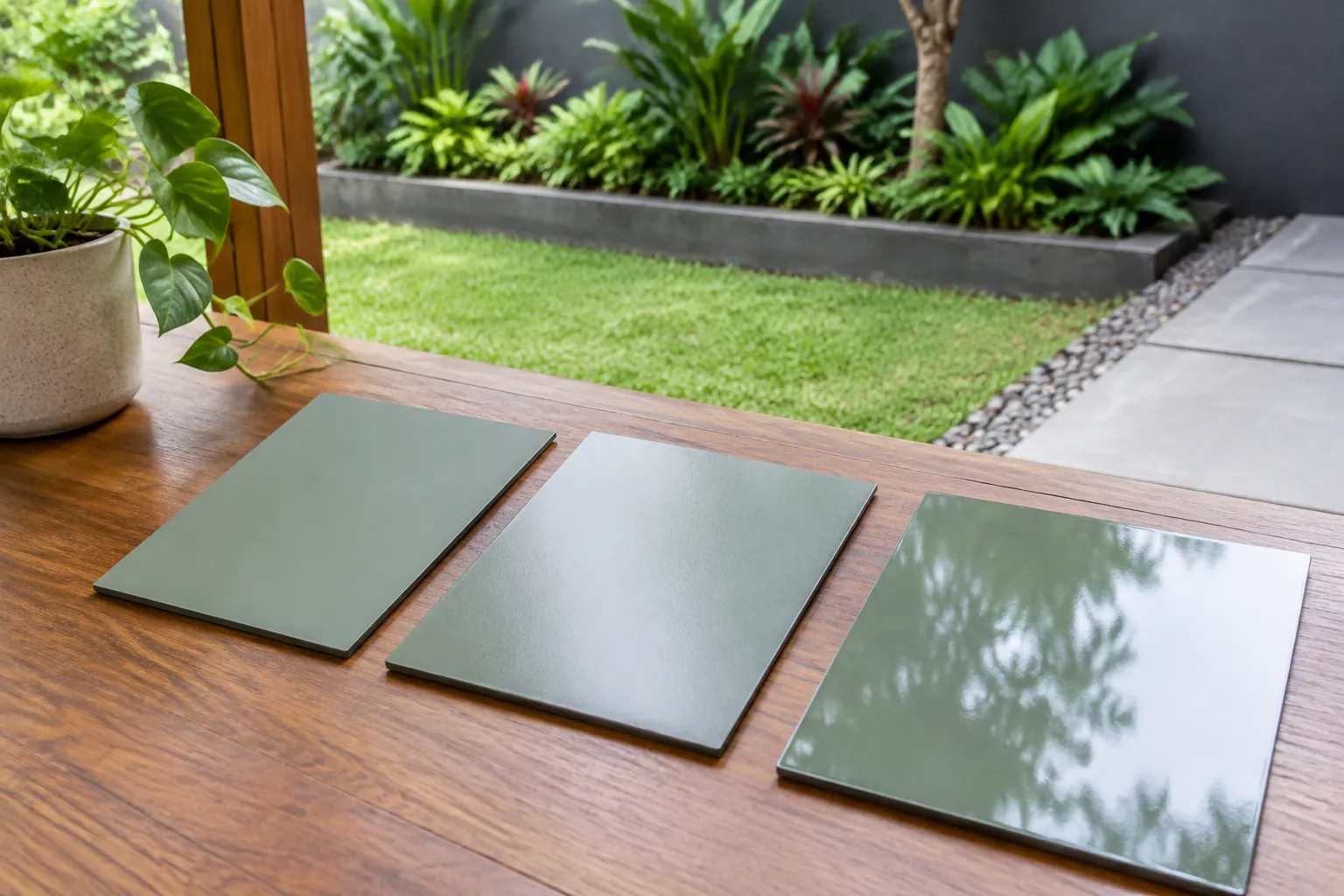 Beberapa sampel warna bahan taman pada meja dekat rumput