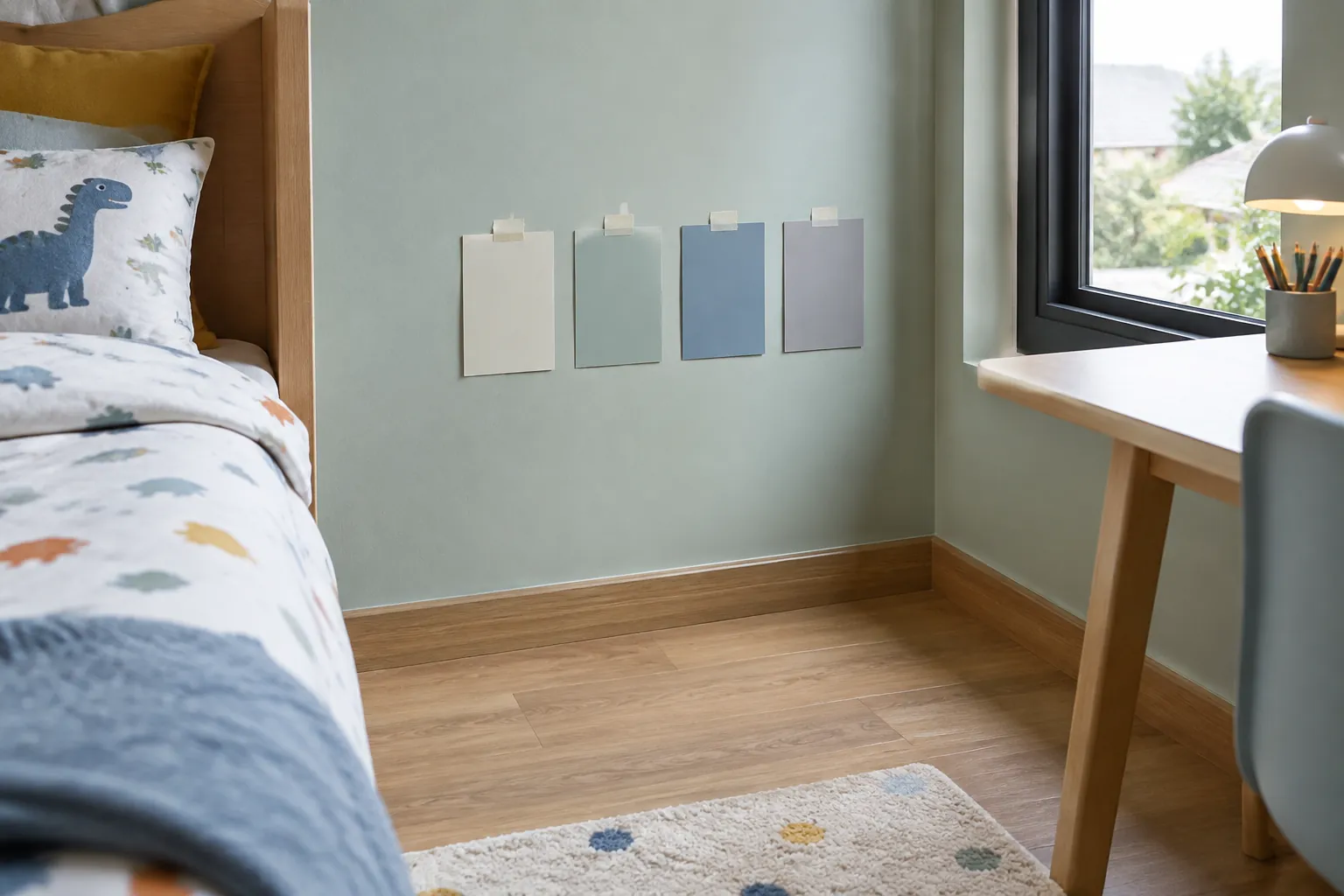 Beberapa sampel warna biru dipasang di dinding kamar anak