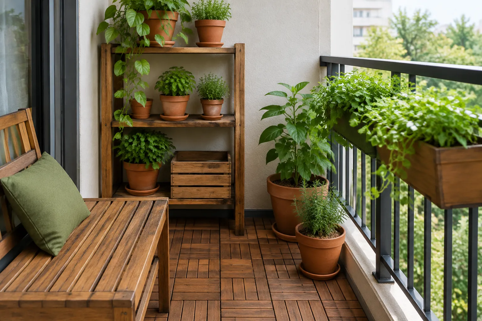 Rak tanaman dan bangku pada balkon kecil