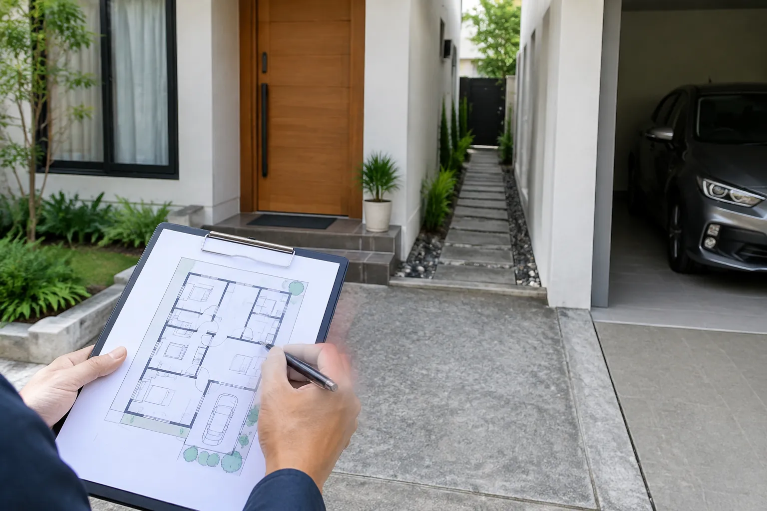 Denah yang dipegang di depan rumah.
