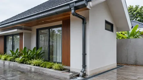 Fasad rumah dengan pipa talang di sisi dinding
