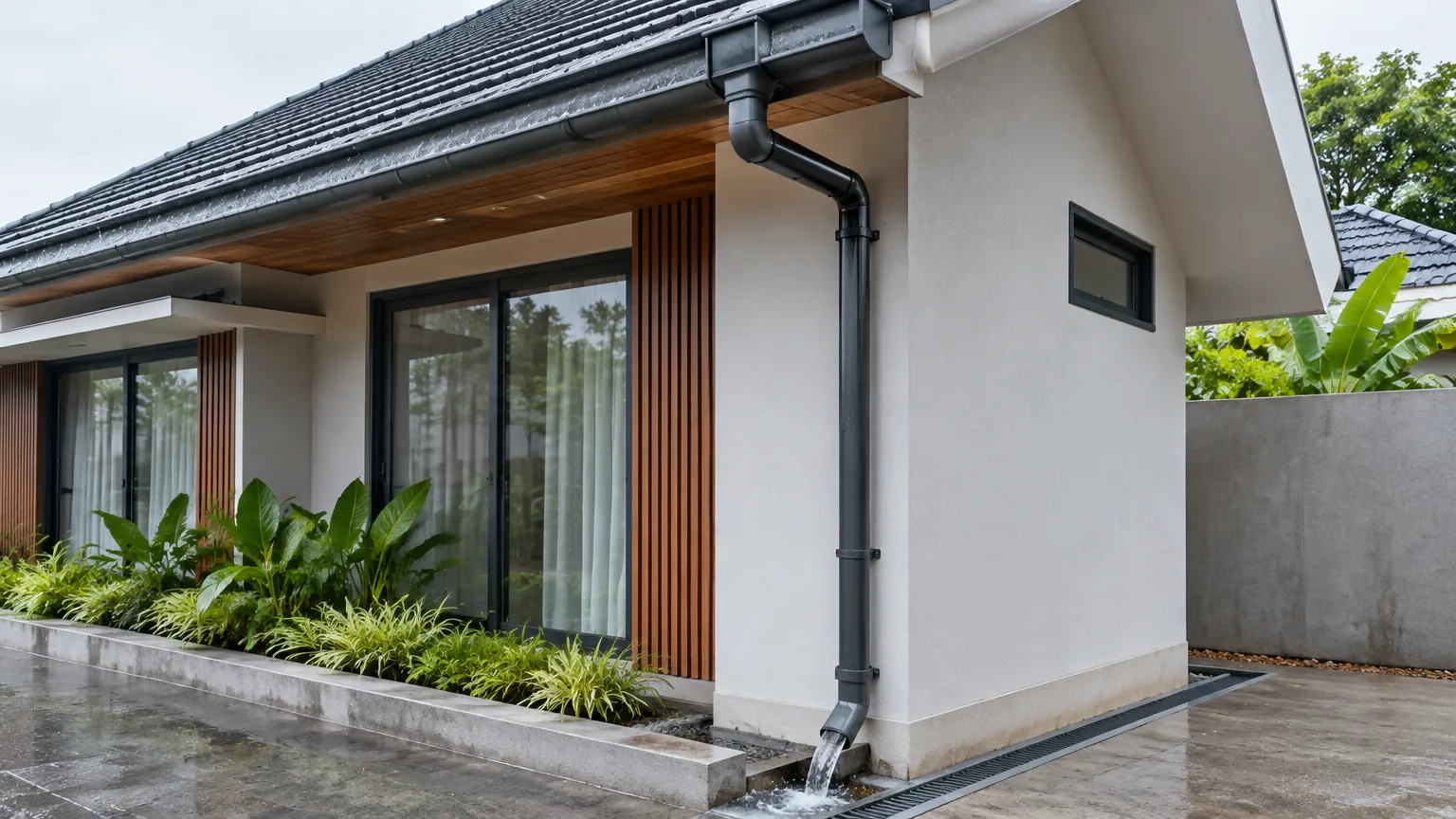Fasad rumah dengan pipa talang di sisi dinding